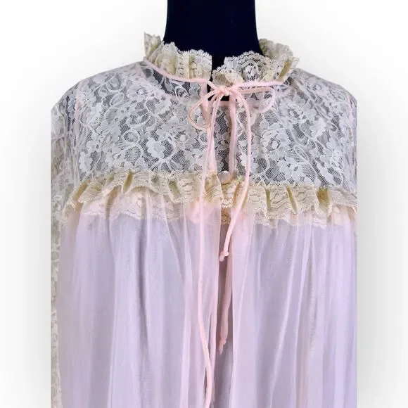 Vintage 70s Movie Star Nightgown Peignoir Robe Set Medium Lace Pink Nylon USA